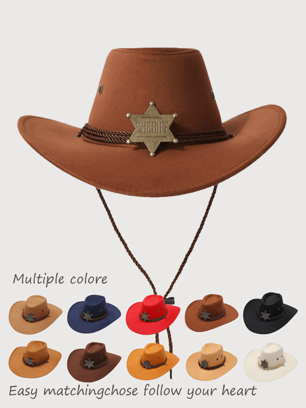 1pc Women's Solid Color Faux Wool Sheriff Badge Cowboy Hat, Sheriff Badge Prop, Detachable Strap, Western Style, Suitable For Music Festivals, Western Themed Events, Retro Parties, Role-Playing, Costume Nights, Holiday Dances, Bachelor Parties, Birthday Celebrations, Stage Performances, And Daily Wear