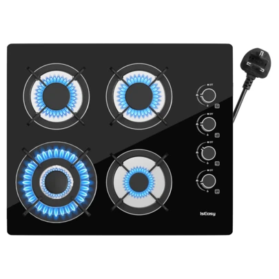  IsEasy Gas Hob 4 Burners - Glass Gas Hob Black Plug In NG/LPG Gas Hob, 7800W 4 Cooking Areas Built In Glass Cooktop Hob 60cm With Cast Iron Pan Support, Thermocouple Protection, Integrated Ignition
