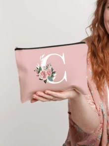 1pc Letter A-Z Flower Print Makeup Bag, Gift For Girls, Cute Retro Simple Fashion Letter Pattern Printed Bag Storage Bag,Cosmetic Pouch For Small Items Storage,Storage Bag, Makeup Storage Bag, Toiletry Bag, Clutch Bag, Lightweight Foldable Storage Bag, Simple Shopping Bag, Teacher Gift Clutch Bag,Storage For Nurses, Doctors, Teachers Bag, Suitable For Personal Travel Cosmetics Storage - Pink - View 18