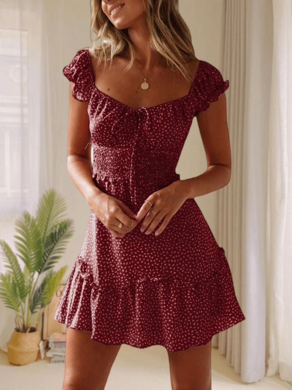 Womens Summer Sleeve Ruffle Sweetheart Neckline Printing Dress Mini Dresses - Burgundy - View 1