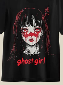 Summer Men's Short Sleeve Anime Y2K Slogan/Character Goth Girl Portrait Print T-Shirt, Suitable For School Wear