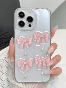 1pc Textured Transparent Glitter 3D Bow Acrylic Phone Case With Large Hole Compatible With Iphone 11 12 13 14 15 Pro Max Waterproof Shockproof Anti-Fall Scratch Resistant