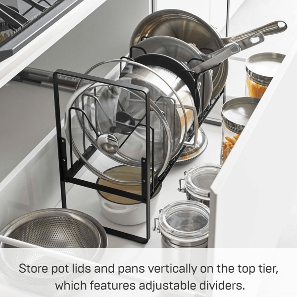 1 Pieza Estante de almacenamiento ajustable para cocina, Soporte multiusos de varios niveles para tapaderas de ollas sobre la mesa