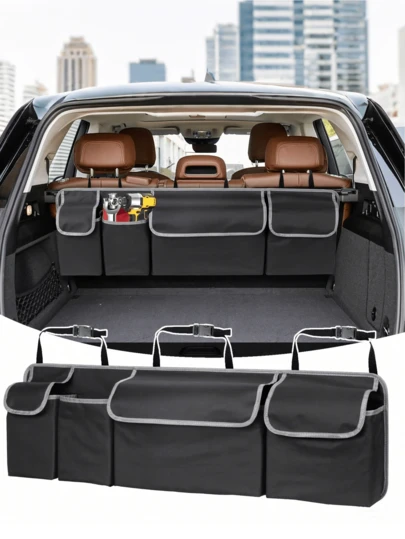 600D Oxford Cloth Car Seat Back Storage Bag, Universal Size - Multi-Pocket Design - In-Car Storage Solution, Polyester Material