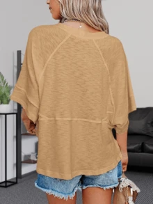 Women's Summer Soft Crewneck Batwing Half Sleeve T-Shirt Solid Color Lightweight Loose Fit Casual Top Christmas Gift & New Year Gift - 卡其色 - 查看 3