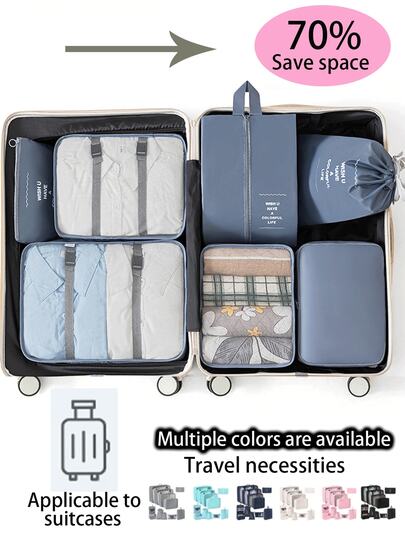 Conjunto organizador de viaje de gran capacidad con 7/1 piezas - Bolsas organizadoras de equipaje plegables, cubos de compresión, bolsa cosmética impermeable, bolsa de ducha, neceser cosmético multifuncional, esencial para vacaciones de verano, billetera pequeña, bolso lindo, soporte portátil para brochas de maquillaje, cierre con cremallera, adecuado para lápiz labial, brochas, cuidado de la piel, teléfono, monedas, artículos pequeños, para uso doméstico, viajes, vacaciones, escuela, bolsa de maquillaje, neceser, cubos de embalaje