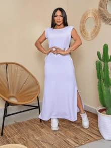 Long, Loose, Elegant, Casual Dress With Pockets In Sweatshirt Fabric With Fashionable Sleeves. - 白色 - 查看 3