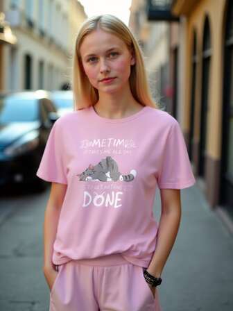 青少年女孩夏季口号印花圆领落肩休闲宽松T恤