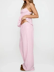 Camisole Crop Top & Wide Leg Pants Set, Buttoned Striped Blouse, Energetic College Style Outfit, Spring/Summer New Arrivals - Pink - View 4