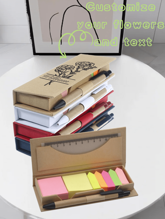 1 set gepersonaliseerde memoblokjes in geschenkdoos, aanpasbare afbeelding, tekst, bloemenpatroon, draagbare plaknotities in verschillende formaten met pen en liniaal, geschikt voor studenten, leraren, kantoor, zaken, lerarendag, terug naar school, schoolbenodigdheden