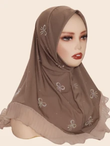 1pc Women's Headscarf, Crystal Decorated, Elastic Material, Fashionable Rhinestone Bow Design, Pleated Hem, Middle East/Malaysian Style Turban For Dress - Bow Diamond Headband - View 6