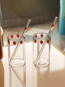 Klares Glas Trinkglas mit Erdbeerdruck mit passendem Glas-Trinkhalm - Süße Kawaii Trinkbecher für Wasser, Saft, Milch, Eistee - Lustiges Obst-Muster Küchenglasware für den täglichen Gebrauch zu Hause und Partys - Robuste Getränkegläser, ideal als Geschenk für Mädchen und Frauen