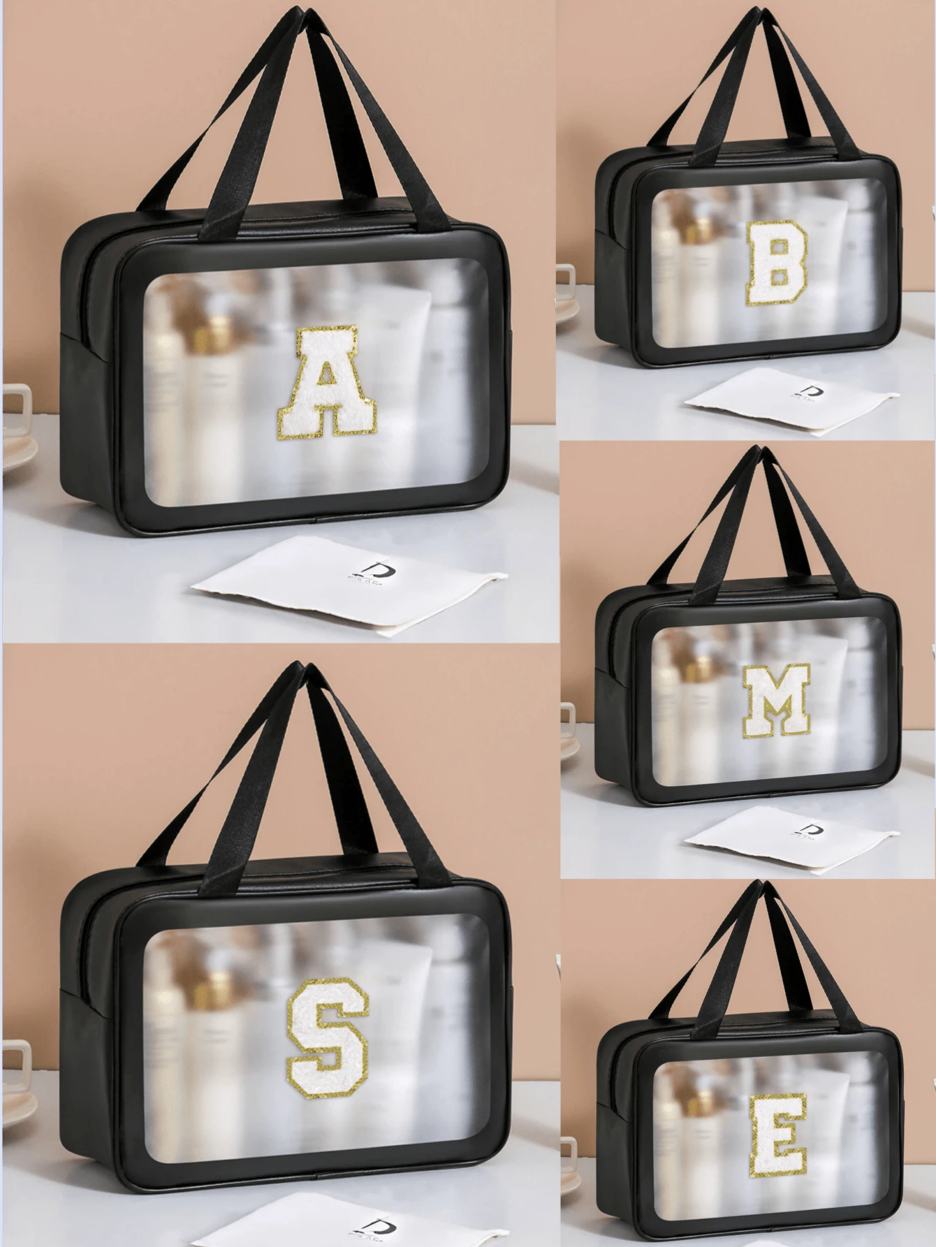 Bolsa preta de PU, bolsa impermeável de grande capacidade para guardar maquiagem, bolsa transparente para higiene pessoal, bolsa transparente com iniciais douradas de A a Z para utensílios de maquiagem, bolsa portátil multifuncional para viagem, bolsa organizadora para artigos de higiene pessoal, bolsa de higiene pessoal e maquiagem em PVC, bolsa minimalista para natação e fitness com letras iniciais, bolsa para guardar cosméticos de viagem, simples e avançada, viagem de verão, decoração de banheiro para casa de férias, organizador de maquiagem para festas, acessórios para banheiro, volta às aulas - Preto - Ver 1