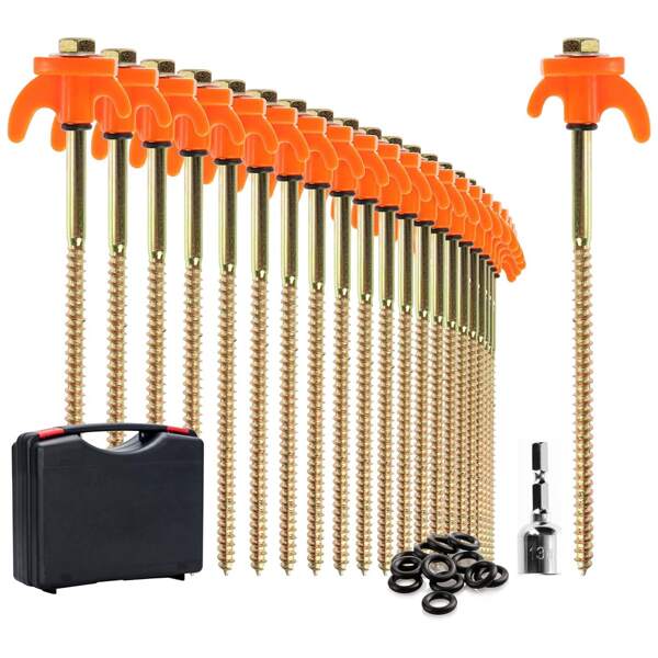 24x Zeltheringe Stahl Heringe mit Gewinde und Seilhalterung Erdanker 20,5 cm