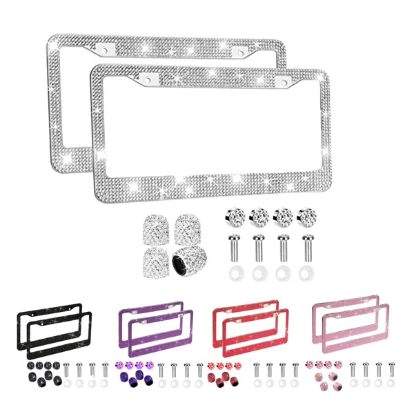 Bling Diamond License Plate Frames 2 Packs+Bling Valve Stem Caps,AIRXWILLS Rhinestone License Plate Frames For Women, Stainless Steel Sparkly Car Plate Frame