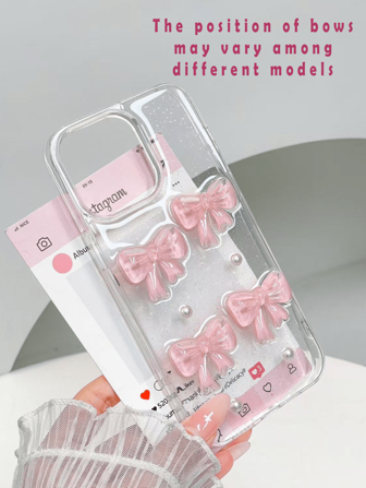 1pc Textured Transparent Glitter 3D Bow Acrylic Phone Case With Large Hole For IPhone 11 12 13 14 15 Pro Max