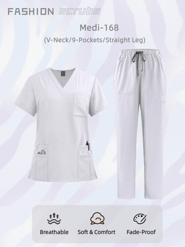 V-Ausschnitt Schnell-Trocknende Kasack-Set, Neues Design | Dehnbar | Geeignet für Krankenhaus, Klinik & Lässig Zuhause | Großes Fassungsvermögen Multi-Tasche