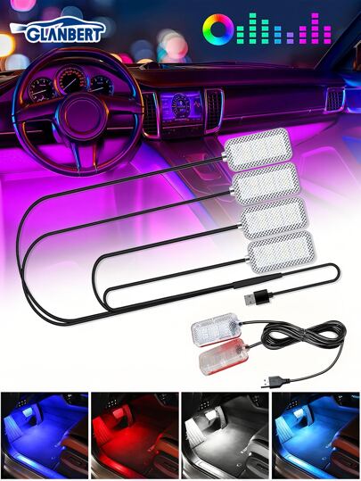 GLANBERT 1 Drage 4 LED Car Ambient Light Car Foot Pedal Lighting USB Foot Pedal Lights Foot Lamp Colorful