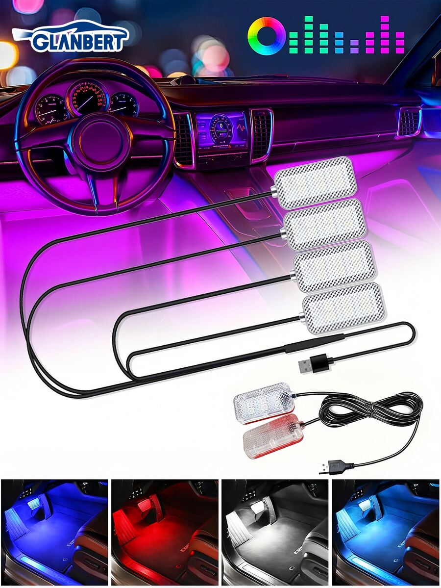 GLANBERT 1 Draggable 4 LED Car Interior Atmosphere Lights, USB Car Foot Pedal Lights, Colorful Foot Lights