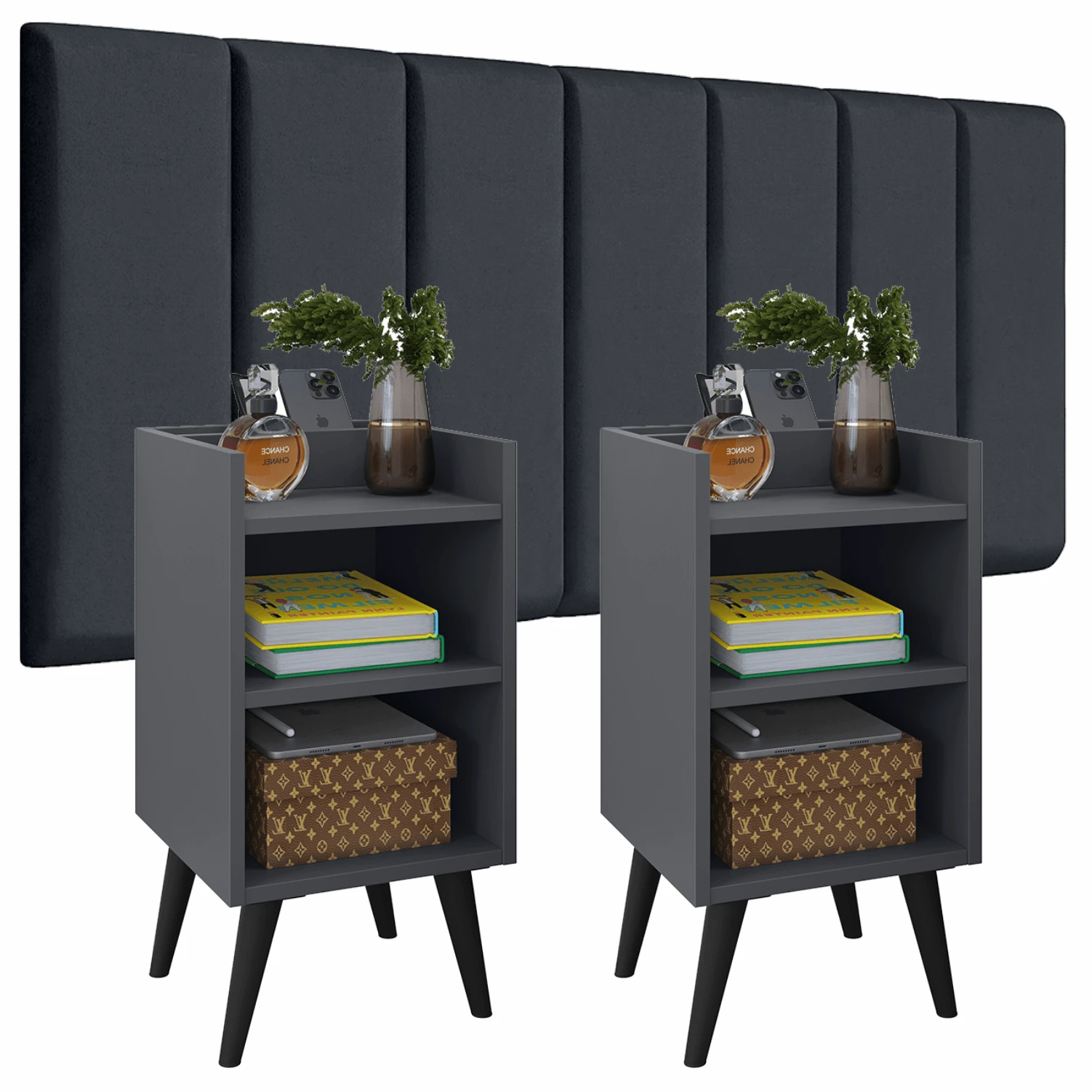 Julia Upholstered Headboard Module Set SOL. 0.90 DOUBLE 1.40 - QUEEN 1.60 - 1.95 KING + 2 MAX Bedside Tables With Niche And Cell Phone Holder - 灰色 - 查看 1