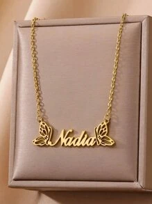 1pc Children's Customization Double Butterfly Custom Necklace For Girl Stainless Steel Custom Name Pendant Necklace Personalized Jewelry Butterfly Decoration, Gold Fashion, Spring Fashion, Simple, Cute, Casual, Personalized, Personalized, Daughter, On Anniversary, Children's Birthday Gift, Daily Children's Clothing Decorations,Letter,Engraved,Ornamental,Exquisite,Stylish,Modern,Custom,Personalised,Unique,Customized,Baby Gifts,Ideal Gifts For Him,Ideal Gifts For Her,Son,Daughter