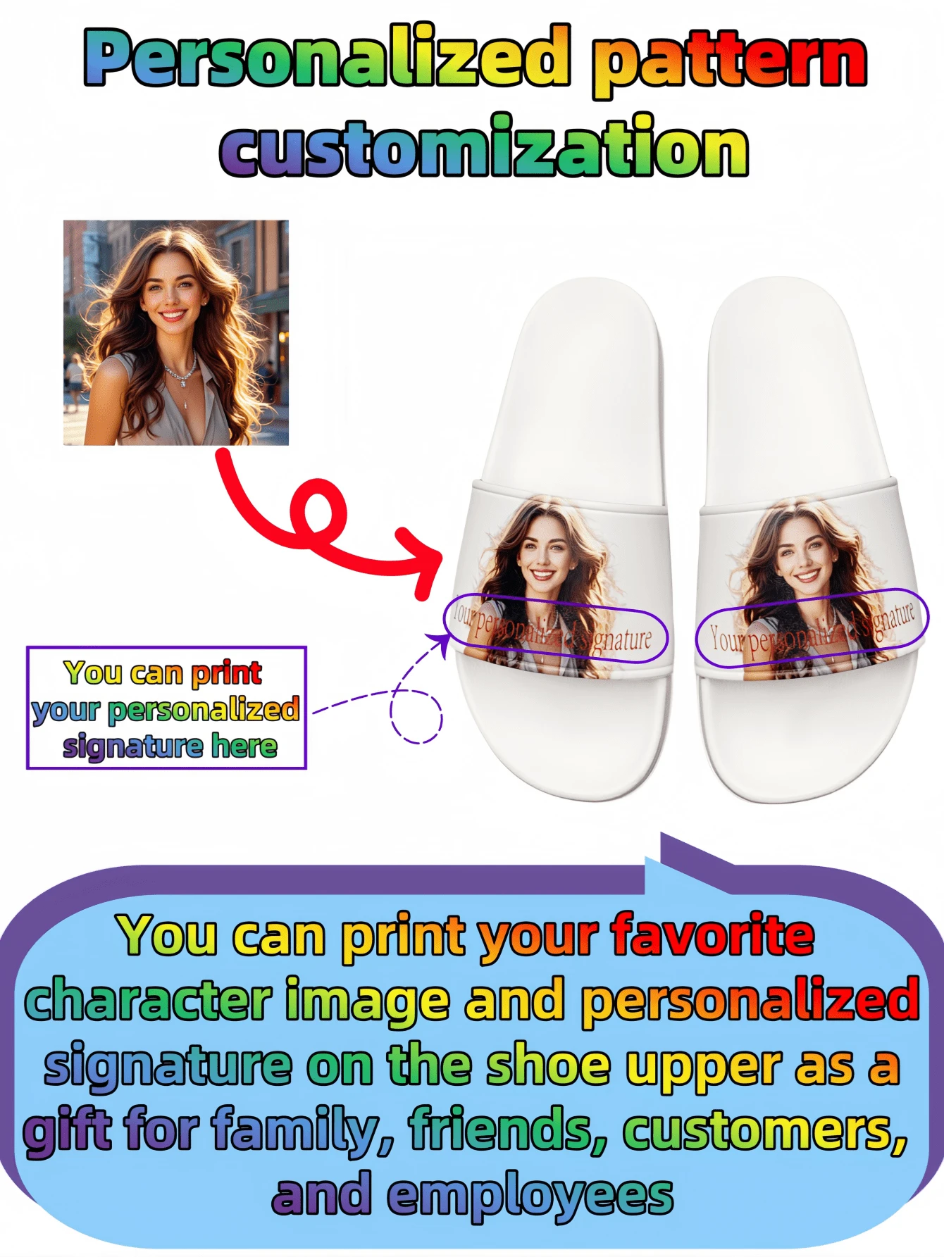 Sapatos femininos personalizados, estampa personalizada, foto, design de logotipo, presentes para família, amigos, clientes, adequados para hotéis, praia, festivais, eventos