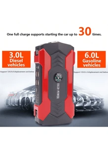 Partida de emergência para carro com lanterna LED - Carregador de bateria de carro 12 V, carregamento rápido, ignição de emergência, bússola, compatibilidade com vários dispositivos para carros, motocicletas, caminhões, SUVs - Design vermelho durável