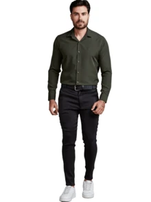 Men's Long Sleeve Spandex Dress Shirt - Army Green - View 6