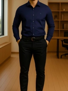 Men's Long Sleeve Spandex Dress Shirt - 藏蓝色 - 查看 2