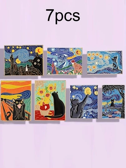 Juego de 7 piezas de broches de aleación de zinc con pintura de gato de estilo casual y de dibujos animados, serie de pinturas de gato, versátil para todas las estaciones, pines creativos de estrella y girasol, insignias de metal para mochila, ropa, accesorios diarios, mochila para la escuela, accesorios de oficina, camisas, chaquetas, joyería, accesorios de otoño-invierno, adecuado para adolescentes, jóvenes, hombres, casual, al aire libre, regalos para hombres, bolsas, pines de Navidad
