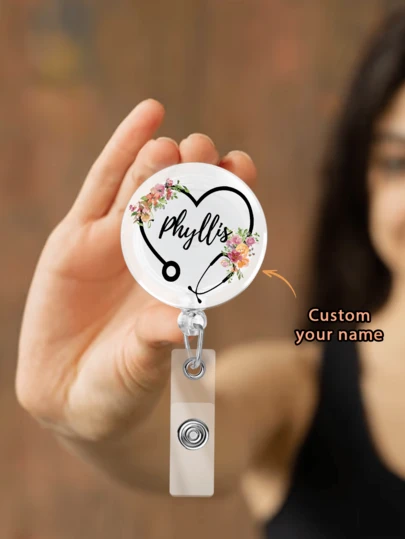 Customized Name Badge Reel And Stethoscope ID Tag, 12 Styles Available, Personalized Name Badge Clip For Nurses, Registered Nurses, Doctors, Medical Doctors, Chiropractors, Physician Assistants, With Rotating Clip And 34-Inch Retractable Cord, And Stethoscope ID Tag (Floral Stethoscope), Personalized Accessories, Personalized Gifts, Holiday Gifts, Nurses Day Gifts