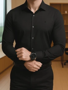 Men's Long Sleeve Spandex Dress Shirt - Black - View 1