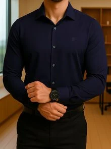 Men's Long Sleeve Spandex Dress Shirt - 藏蓝色 - 查看 1