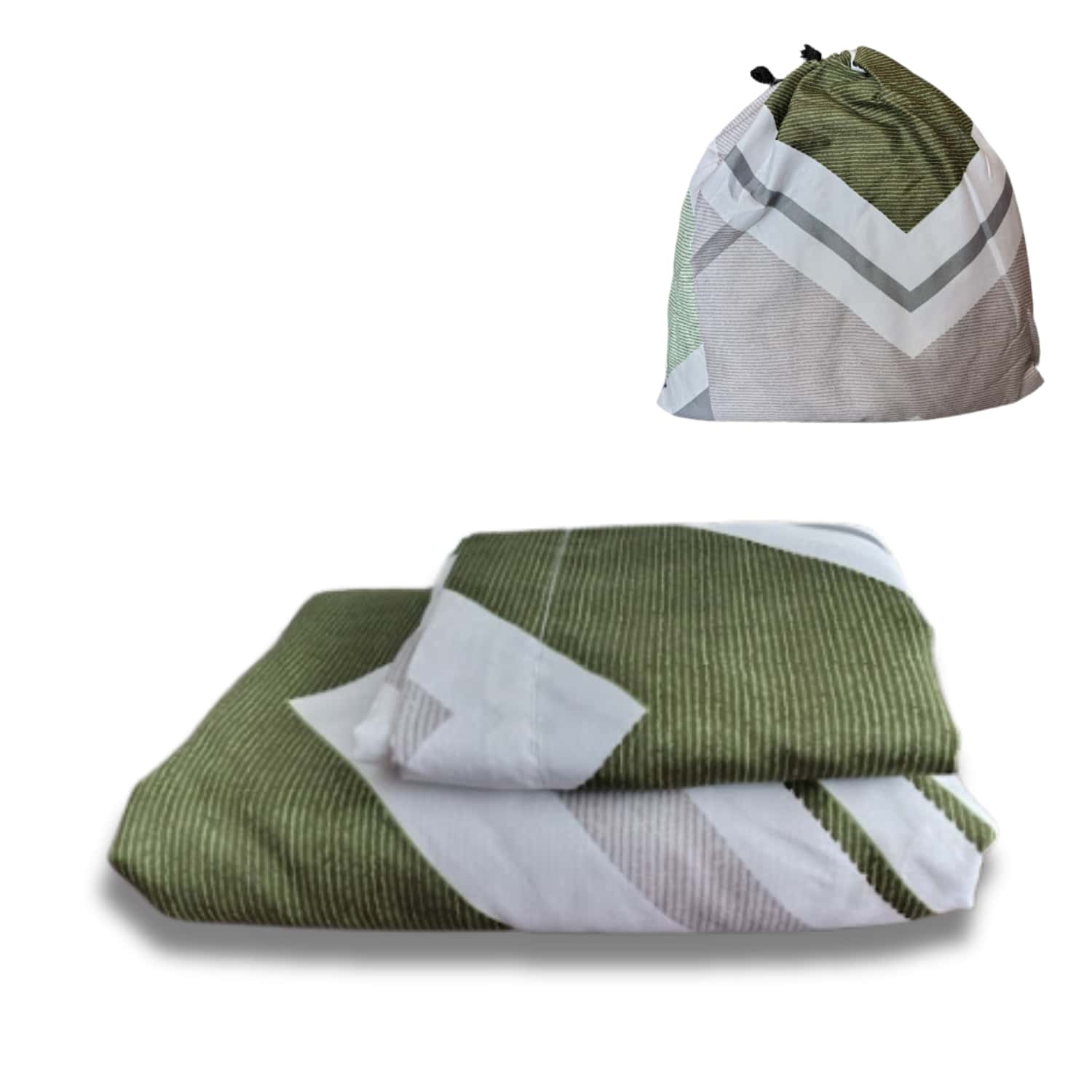 Single Fitted Sheet, Fitted Bottom Sheet And 1 Cotton-Feel Microfiber Pillowcase + Fabric Storage Bag - Green Zigzag - View 1