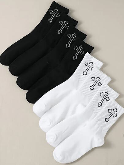 1/2/5/8/10/20 Pairs Men's Versatile Comfortable Plain Black & White Design Mid-Calf Socks, All-Season, Fall