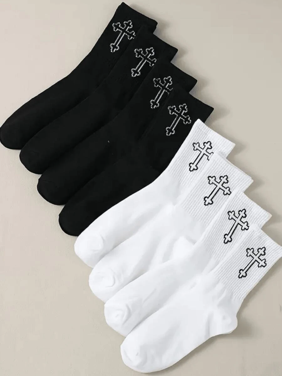 1/2/5/8/10/20 Pairs Men's Versatile Comfortable Plain Black & White Design Mid-Calf Socks, All-Season, Fall