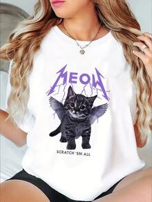 Camiseta Meow Rock Gato Camisa Blusa Unissex Masculino Feminino 100% Algodão Top Premium Streetwear Lançamento Envio Imediato Varias Cores!! Plus Size - Branco - Visão 1