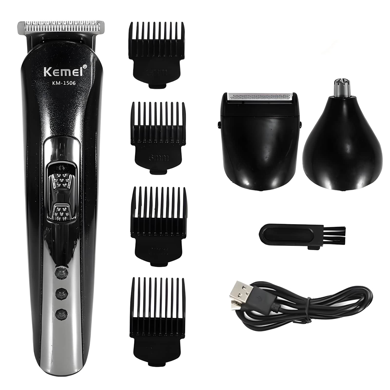 Kemei جهاز تشذيب شعر الأنف Kemei KM-1506 متعدد الوظائف قابل للشحن بمنفذ USB، ماكينة حلاقة كهربائية، ماكينة تشذيب لحية