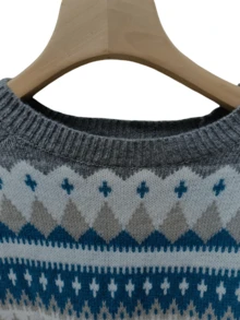 Plus Size Women's Geometric Pattern Plus Size Long Sleeve Pullover Sweater, Chic Casual European Style, Autumn/Winter - Grey - View 5