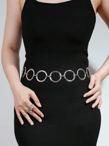 1pc Women's Silver Metal Shiny Round Circle Waist Chain, Versatile Cinching Retro Style Waist Belt To Pair With Dresses, Windbreakers, Jeans For Daily Outings & Gatherings