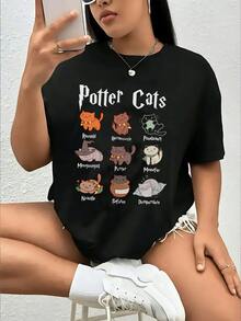 Potter Cats T-Shirt Cats Movie Harry Shirt Blouse Unisex Male Female 100% Cotton Top Premium Streetwear New Release Immediate Shipping Various Colors!! Plus Size - 黑色 - 查看 1