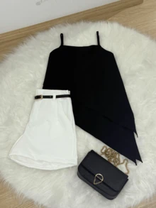 Fashion Tailored Short Set With Pocket And Free Belt + Elegant Asymmetrical Blouse - 黑白 - 查看 3