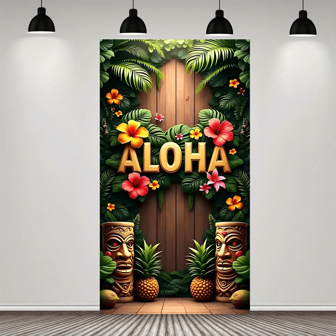 1 stuk zomerse Aloha groene bladachtergrondbanner, geschikt voor zomerfeestdecoratie, huisdecoratie, binnen- en buitendecoratie, tuindecoratie, fotografieachtergrond, wanddecoratie, gordijnen, tafelkleden