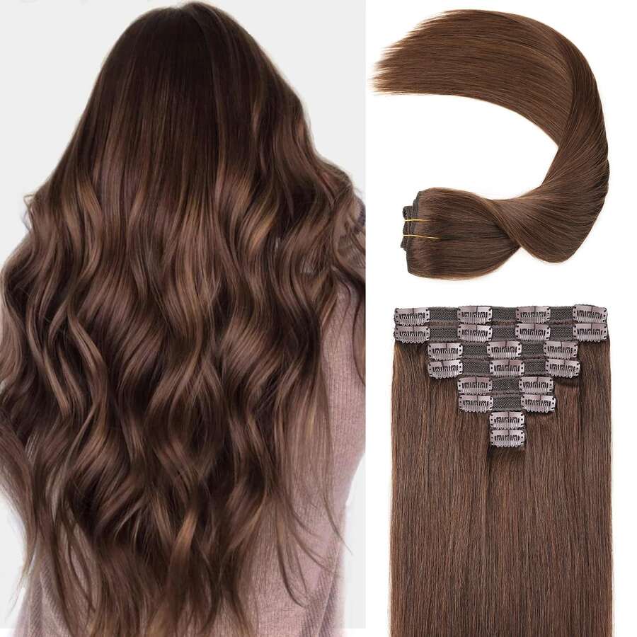 Clip In Hair Extensions Real Human Hair #4 Chocolate Brown Double Weft Invisible Natural Straight Clip Ins Hair Extensions Human Hair For Women 8pcs Per Set With 18 Clips