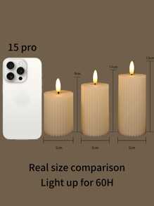 3 Juego de velas electrónicas modernas sin llama con patrón vertical de engranajes de plástico beige, velas sin llama para fiestas, decoración del hogar, ornamento de luz de vela