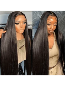 ownvmor Pelucas De Cabello Humano,200% Density 13x4 HD Lace Front Wig - 100% Brazilian Human Hair Straight Wig With Pre-Plucked Edges & Baby Hair, Natural Look Ear-To-Ear Swiss Lace Closure For, Glueless Human Hair Wig,Versatile Hairpiece | ,Realistic Hairline Wig | Preplucked Lace  8-36Inchs - Natural Black - View 3
