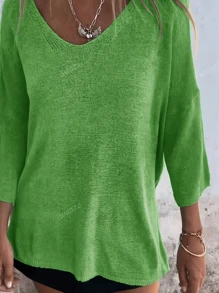 Casual Solid Color V-Neck Loose Knitted Blouse, 3/4 Sleeve, Elegant Commuter Style For Women, European And American, Spring/Summer/Autumn, Plus Size