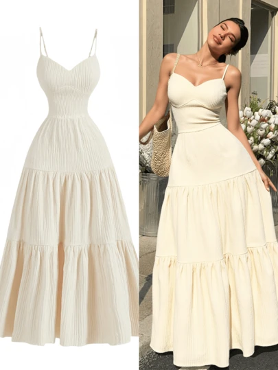 Vestido largo de verano para mujer, con tirantes delgados, fruncido, con volantes, sin mangas, largo y fluido