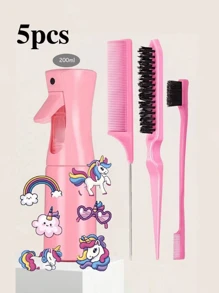 5pcs/Children's Cartoon Stickers Fashion Portable Girls (6.8 Ounces/200 Ml) Multifunctional Small High Pressure Continuous Mist Water Replenishing Spray Bottles, Travel Makeup Bottles, Split Hollow Fluffy Combs Hair Styling Tool