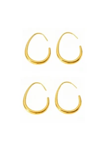 2 件不锈钢女士耳环，18K 镀金泪珠形状，简约椭圆形环设计，轻巧且防过敏